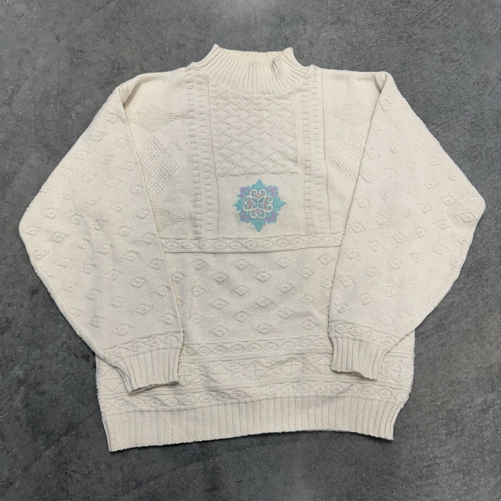 Vintage 90s BonWorth Women's Ivory Textured Knit Mock Neck Sweater USA Medium